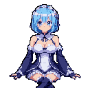This pixel art bust depicts Rem from *Re:Zero*, rendered in a cute and gentle style with meticulous detail. The portrait captures her demure expression and iconic maid outfit in a cool, clean color palette.