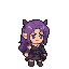 Anime character with purple hair and dark clothing, transitioning through standing, crouching, and spellcasting poses.
