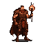 A brown-armored humanoid figure stands angled right, holding a staff with a glowing fiery orb aloft.