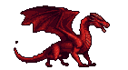 A crimson dragon with shimmering scales, partially unfurled wings, and a serpentine neck, poised and watchful.