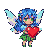 A blue-haired pixie with ethereal wings gently holds a glowing red heart.