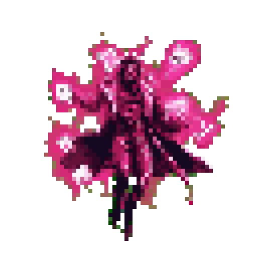 Character in a dark coat engulfed in vibrant pink energy with white orbs, against a bright green background.