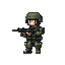 A soldier in military fatigues, helmet, and flak jacket stands at attention, holding a rifle in both hands. The background is solid gray.