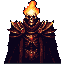 Undead skeletal figure with glowing orange-red flames atop its skull, wearing dark purple and blue ornate armor with glowing red-orange gem accents. The figure is shown from the chest up against a plain dark gray-blue background.
