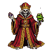 Regal skeleton king wearing a crimson and gold robe and jeweled crown, holding a purple orb and a small green creature.