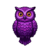 A plump, purple owl with large amber eyes and scaled feather texture stands alert.