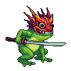 Green frog-like creature in a red and orange spiky mask holding a silver sword.