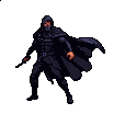 A shadowy armored figure in a flowing cloak in an aggressive fighting stance.