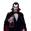 A gaunt vampire in a tuxedo and crimson-lined cape holds a bottle of red liquid, his piercing gaze conveying aristocratic menace.