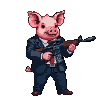 A suited pig tenses, aiming a rifle with quiet determination in a striking pixel art scene.