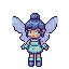 A pixelated pixie with translucent wings, wearing modern clothing, poses with hands on hips and gestures outwards.