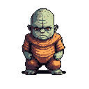 Pixel art humanoid creature with pale, splotchy green-grey skin, large head, small limbs, and a grumpy expression. It wears a ribbed orange tunic and baggy orange pants, standing against a teal-grey background.
