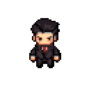 A stern, formally dressed man with highlighted dark hair stares intently from the center of the frame in this minimalist pixel art portrait. His suit and determined expression create a serious and imposing presence.