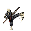 Skeletal monk in dark robes and red sash performs a martial arts combo with a staff.