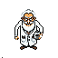 Scientist with white beard and spectacles in a white lab coat, holding a beaker.