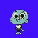 Gumball Watterson, a stylized blue cat with wide eyes and an extended pink tongue, wears a light beige top and dark blue shorts against a solid indigo background.