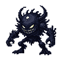 A menacing, shadowy monster with glowing eyes and jagged horns grins wickedly, its presence radiating dark power. This demonic entity, with a single third eye, stands ready to strike in the void.