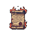 An ancient scroll, adorned with a crest and wax seal, dramatically burns in this pixel art image, evoking a sense of lost history and destruction. The flames consume the aged parchment, suggesting a pivotal moment or tragic end.