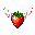 A ripe red strawberry with green leaves, sprouting stylized white wings.