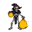 A skeleton in a witch's hat and cloak juggles two bulging sacks of golden coins.