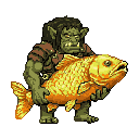 A muscular, green-skinned orc with tusks and dark hair wears leather armor and holds a large, golden-orange fish horizontally.