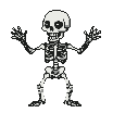 A blocky, pixelated skeleton dances joyfully, its limbs flailing rhythmically.