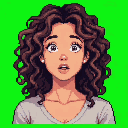 Bust portrait of a young woman with wide eyes and an open mouth showing mild surprise. Her voluminous, curly dark brown hair frames her face, and she wears small white circular earrings. Her skin is a warm tan, and she wears a light grey top. The background is solid neon green.
