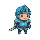 Stylized blue pixelated knight with a sword, ready to attack with playful determination.