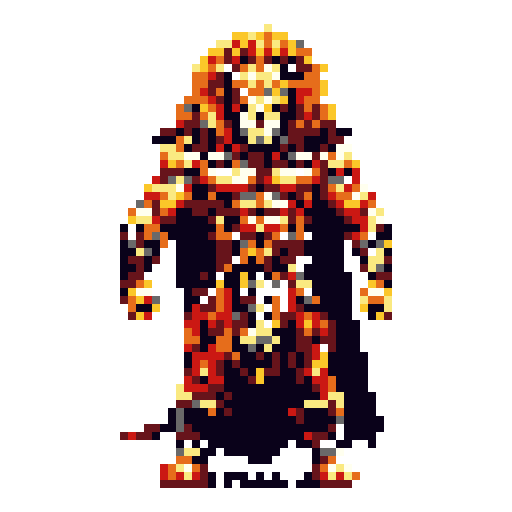 A powerful, imposing demonic warrior or armored skeleton with a skull-like face stands facing forward. The figure is predominantly orange, red, and yellow with black and deep red accents, suggesting a fiery or molten appearance. A dark cape hangs from its shoulders, and intricate designs adorn its armor. The background is plain gray.