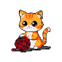 A cute, stylized ginger tabby cat with large, dark eyes, sitting and playing with a red and black ball of yarn against a dark purple-grey background.