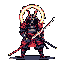 Pixel Art: Samurai holding a red sword that has aura around and a Japanese armor (generated with AI by Sarmoth Fireborn).