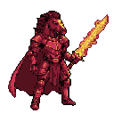 A powerful pixel art boar knight stands ready, brandishing a flaming sword with an air of solemn power. The warrior's imposing silhouette and warm color palette evoke a sense of impending conflict and heroic strength.