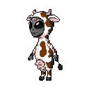 A whimsical pixel art image features a grey-skinned alien humorously disguised in a white and brown cow costume, complete with horns and an udder. The creature stands centered in a static pose, evoking a quirky and slightly humorous vibe.