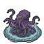 Colossal deep purple octopus with glowing orange eyes, tentacles writhing in shimmering light blue water.
