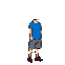 A pixel art figure in a blue t-shirt and grey shorts stands with a relaxed pose, their head appearing unfinished. The simple design and muted color palette create a neutral, slightly clinical feel.