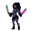 A dark-skinned elf warrior stands ready for battle, wielding glowing green and purple blades with intense focus. Her dynamic pose and glowing eyes hint at supernatural power in this striking pixel art piece.