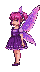 A pixie with vibrant pink hair and large, shimmering purple wings poses gracefully, her wings gently flapping. She wears a short, dark purple dress with white polka dots.
