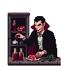 A vampire with fangs and a predatory grin chops raw meat with a knife in a dimly lit room. A shelf behind him holds blood bottles and a bubbling cauldron.