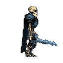 Skeletal warrior standing in side profile, facing right, holding a sword pointed downwards.