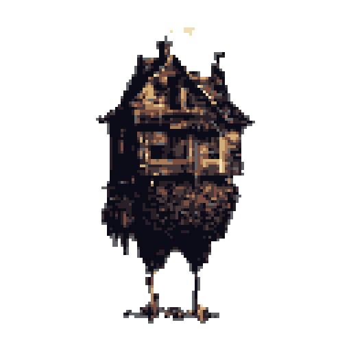 A ramshackle house with a gabled roof and windows stands on massive, chicken-like legs. The structure is centered against a neutral gray background, with muted browns and tans dominating the color palette.