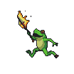 Pixel Art: frog character is running left, 2d sideview camera