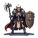 A heavily armored skeletal warrior stands ready for battle, wielding a double-headed axe and ornate shield in a display of dark fantasy power. This undead guardian, adorned with red accents and gold detailing, exudes an ominous presence.