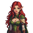 Elven woman with auburn hair, green eyes, and pointed ears, touching her chin thoughtfully.