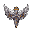 Stylized symmetrical winged figure with a sword-like body and feathered wings, adorned with orange/gold accents on a dark purple background.