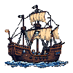 Pirate ship with beige sails, one bearing a skull and crossbones, sailing on dark blue and white waves against a black background.