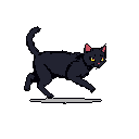 A black cat with yellow eyes runs with its front paws outstretched and tail held upright, against a reddish-pink background.