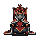 A rat wearing a golden crown and a red robe sits on an ornate throne.
