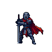 Stoic knight in full plate armor, holding a longsword vertically, with a vibrant red cape flowing behind.