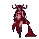 This pixel art depicts a powerful demon or succubus, her glowing eyes and spiraling horns radiating ominous beauty. Dressed in crimson attire, she exudes a sense of dark fantasy and formidable strength, commanding attention with her enigmatic presence.