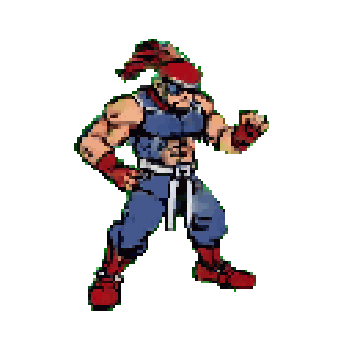 Muscular male character in navy blue and red fighting attire, in a dynamic stance against a solid green background.